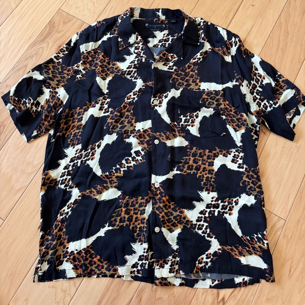 All Saints: Concorde Abstract Leopard Print Relaxed Fit Button Down Camp Shirt